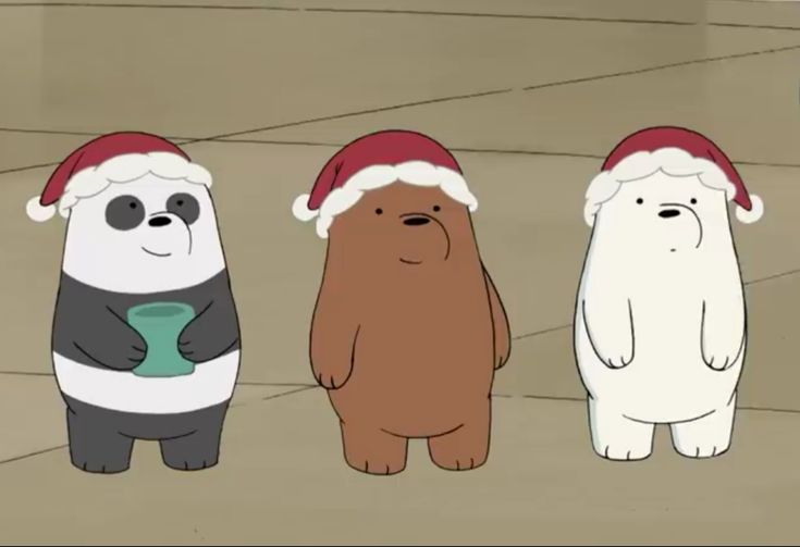 three cartoon bears wearing christmas hats standing next to each other