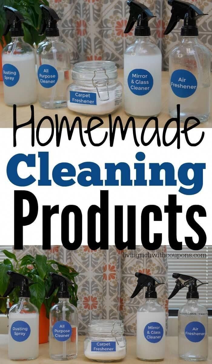 the words homemade cleaning products are displayed in front of bottles and containers with plants on them