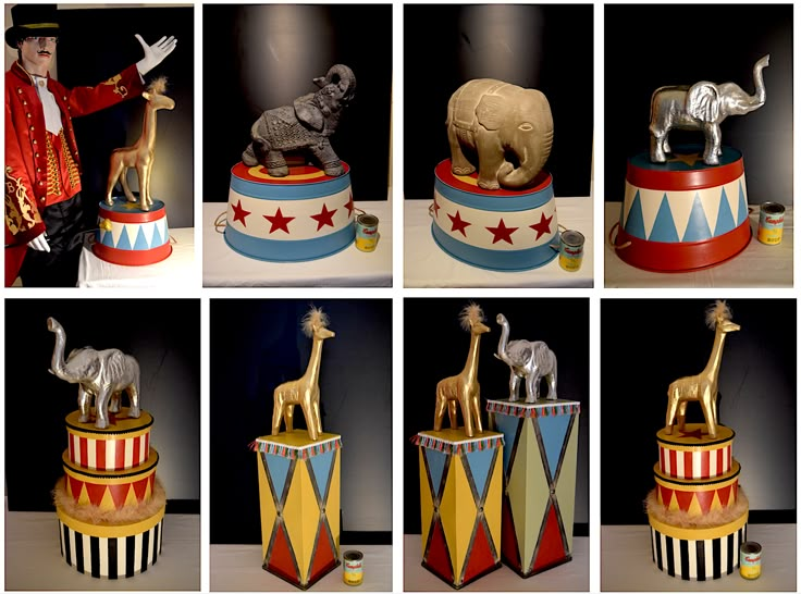 several pictures of circus themed items including elephants and giraffes