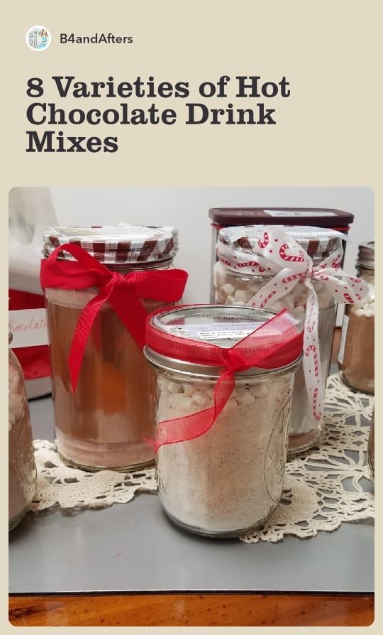 three jars filled with different types of hot chocolate drink mixes