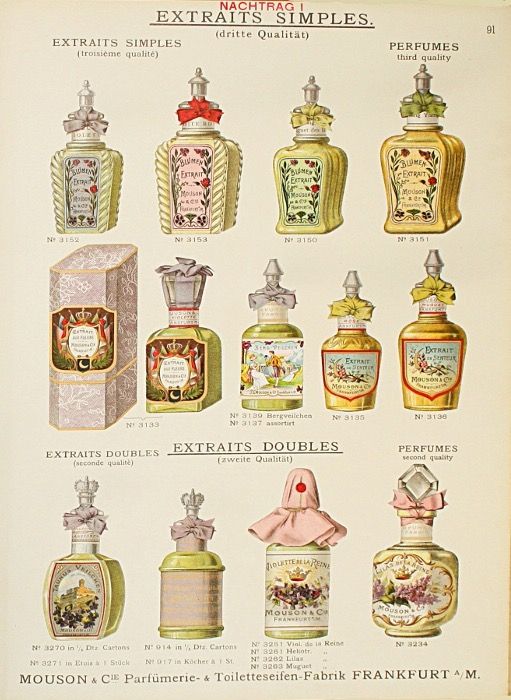 an old fashion advertisement for perfumes from the early 1900's, showing different types of bottles