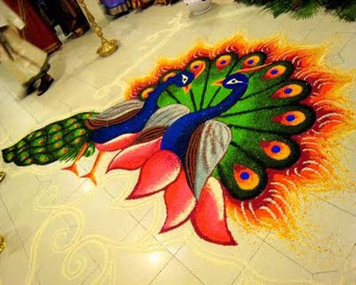 a peacock is painted on the floor in front of a christmas tree