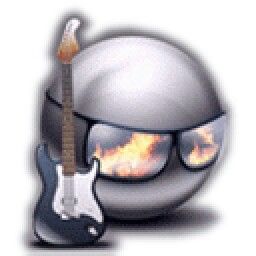 an image of a helmet with a guitar in it's mouth and flames coming out of its eyes