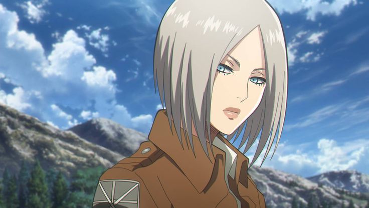 an anime character with white hair and blue eyes looks at the camera while standing in front of mountains