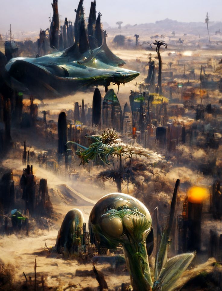 an alien city is shown in the middle of a desert area with plants and other strange looking structures