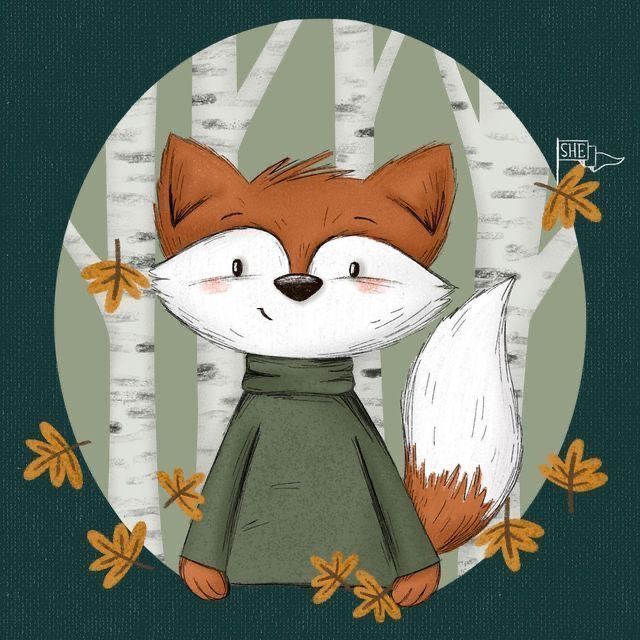 an illustration of a fox wearing a green dress and standing in front of some trees