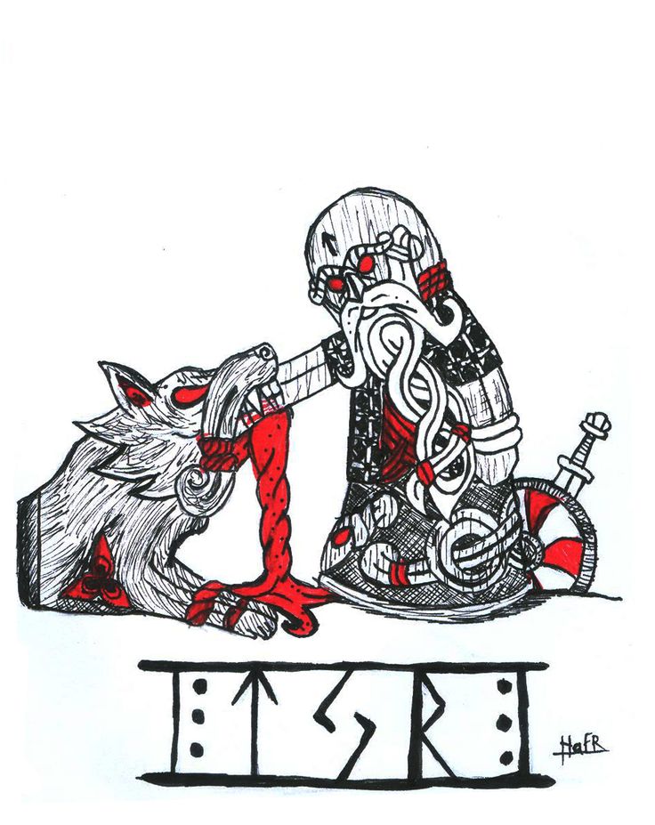 a drawing of a person with a wolf on their lap and the word kram written below it