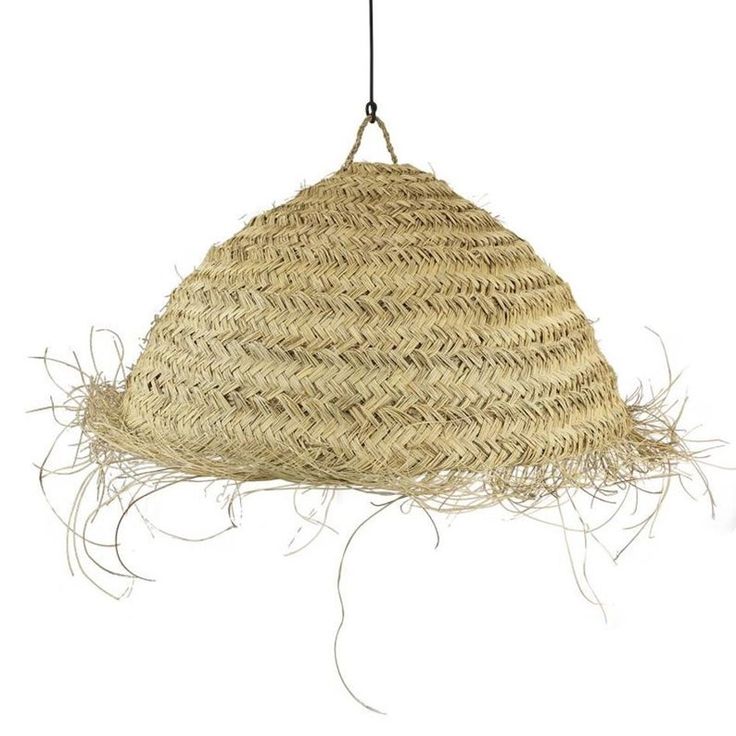 a hanging light made out of straw