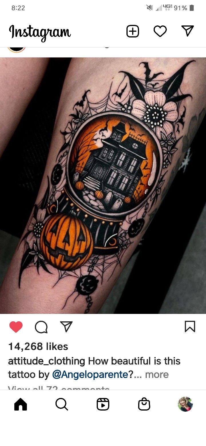 a person with a halloween themed tattoo on their arm, and an image of a house in