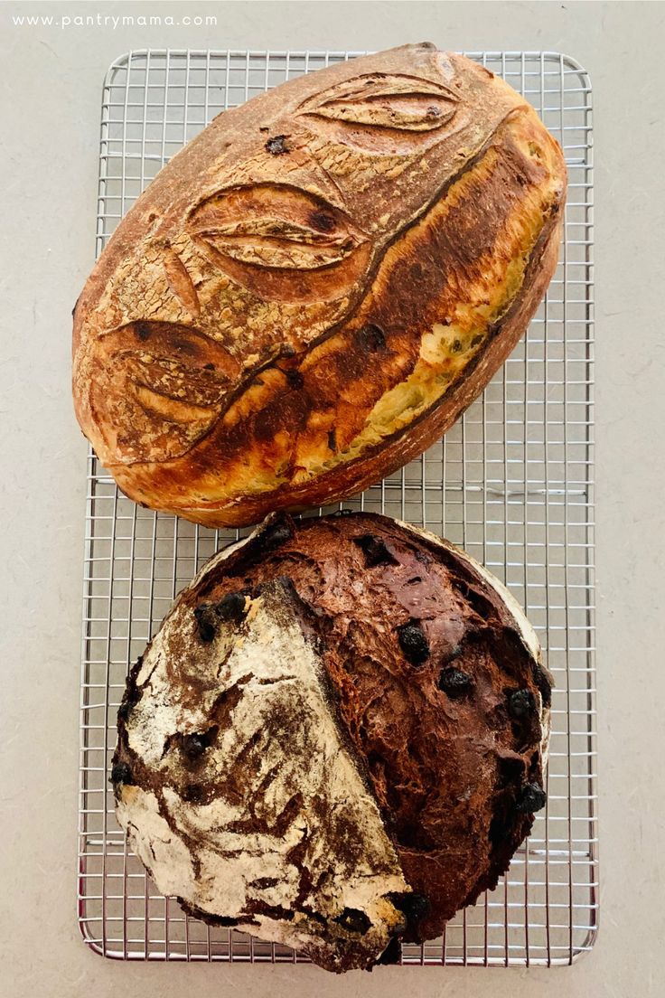 three different types of bread on a cooling rack