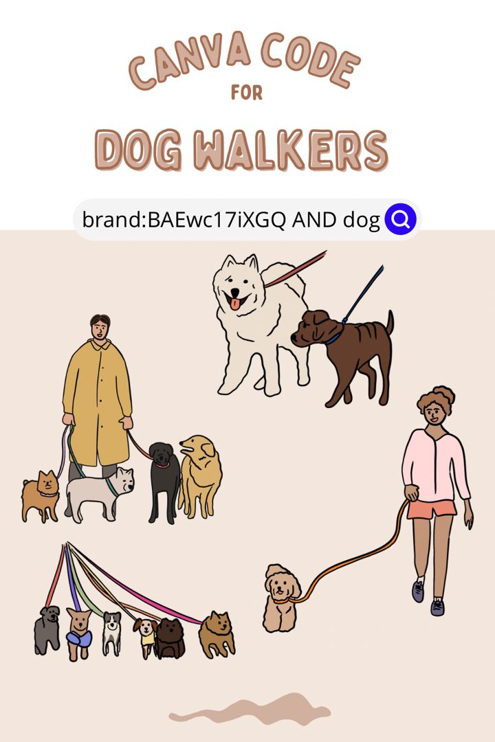 a man walking two dogs on a leash with another dog behind him and the text canva code for dog walkers