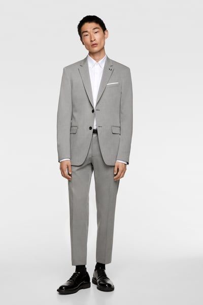 ZARA - Male - Stretch suit jacket with sheen - Gray - 34 Business Casual Long Sleeve Suits With Pockets, Slim Fit Office Outerwear With Pockets, Slim Fit Outerwear With Pockets For Office, Slim Fit Blazer With Lapel Collar For Business Casual, Business Casual Slim Fit Blazer With Lapel Collar, Office Outerwear With Slim Fit And Suit Collar, Office Outerwear Slim Fit With Single Button, Spring Slim Fit Blazer With Welt Pockets, Elegant Fitted Blazer With Patch Pockets