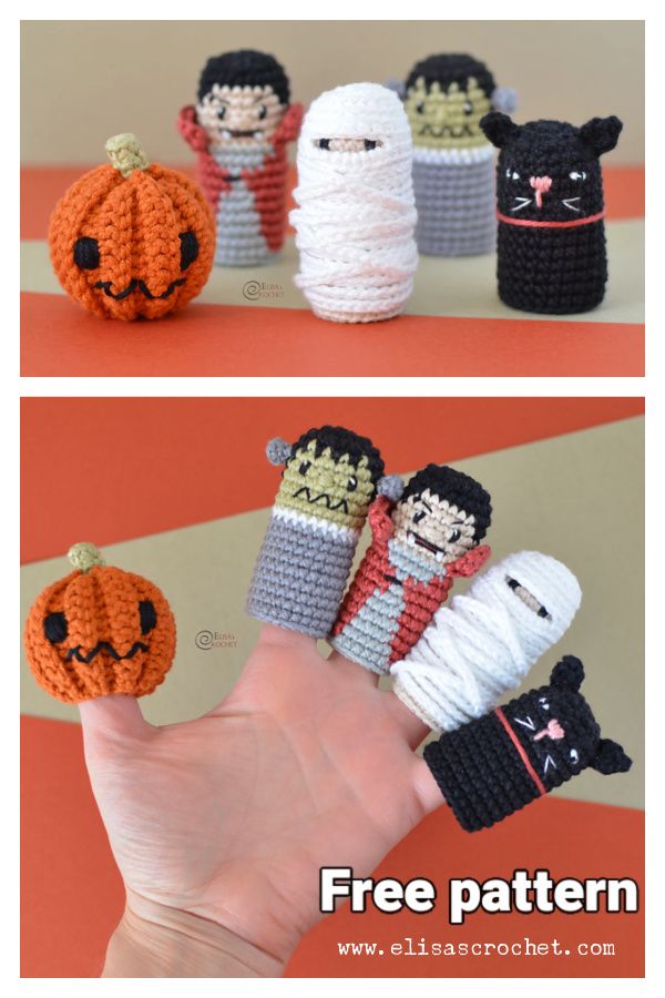 crochet halloween finger puppets made to look like they are holding pumpkins and ghost