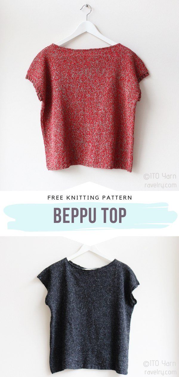 two different types of crop tops hanging on a wall with text overlay that says free knitting pattern bepu top