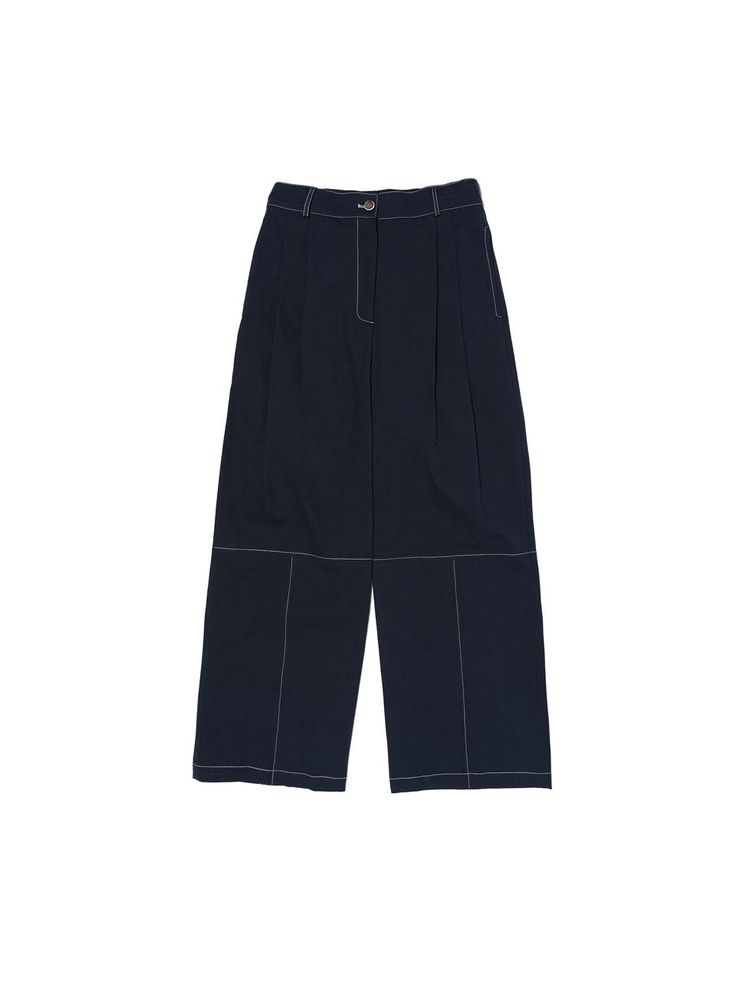 Composition : COTTON 98%POLYURETHANE 2%Country of Origin : Republic of Korea Navy High-waisted Pants For Business Casual, Navy Pants With Welt Pockets For Workwear, Navy Tapered Leg Workwear Pants, Navy Tapered Leg Pants For Work, Navy Trousers For Office, Chic Cotton Pants With Contrast Stitching, Navy Casual Office Bottoms, Casual Navy Pants For Office, High-waisted Cotton Pants With Contrast Stitching