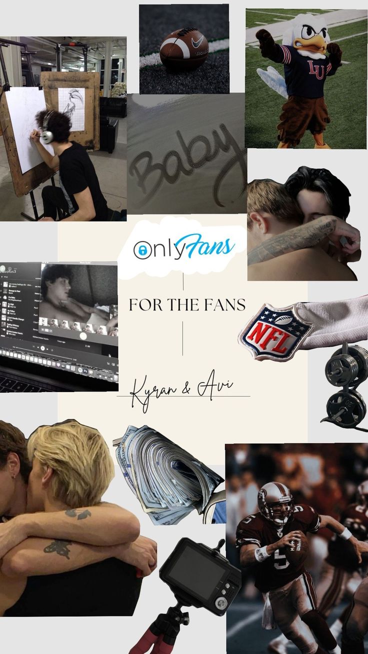 a collage of photos with people and sports related items in the background, including an american football player