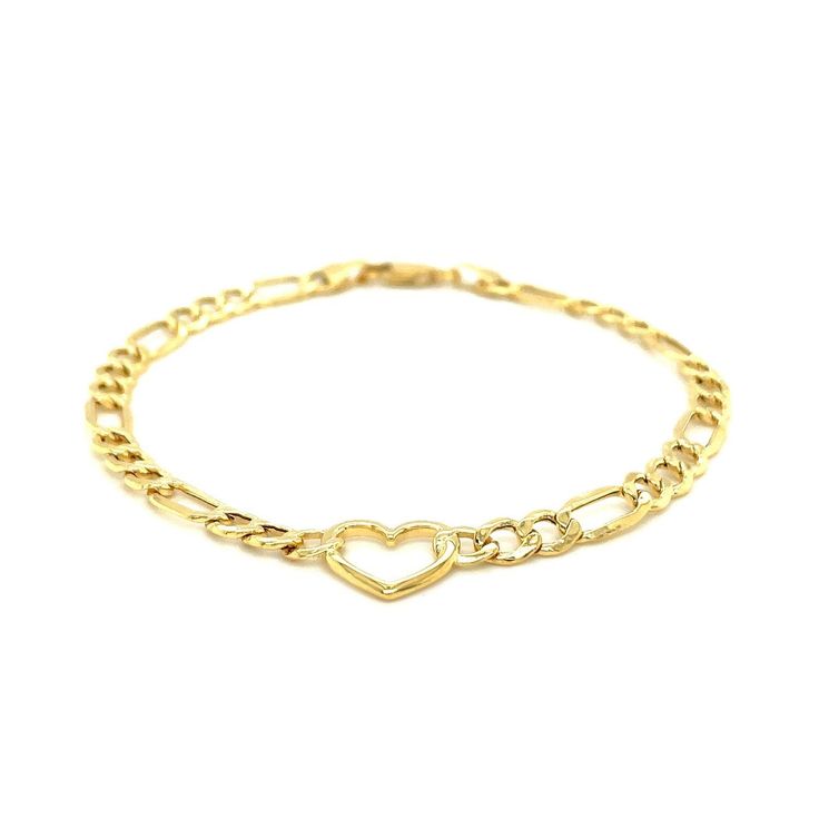 A classic figaro chain bracelet is paired with a stunning open heart to create this truly unique and heartfelt 14k yellow gold bracelet. Bracelet is 7 inches long and closes with a lobster clasp.Product Details: Bracelet Information : Metal : 14K Yellow Gold Chain Type : Figaro Clasp : Lobster Clasp Approximate Weight: Size Weight 7'' 2.1 grams Elegant Figaro Chain Jewelry For Valentine's Day, Yellow Gold Heart-shaped Jewelry With Figaro Chain, Yellow Gold Bracelet With Lobster Clasp For Valentine's Day, Diamond Shop, Figaro Chains, Silver Wedding Rings, Yellow Gold Bracelet, Yellow Gold Chain, Anklet Jewelry