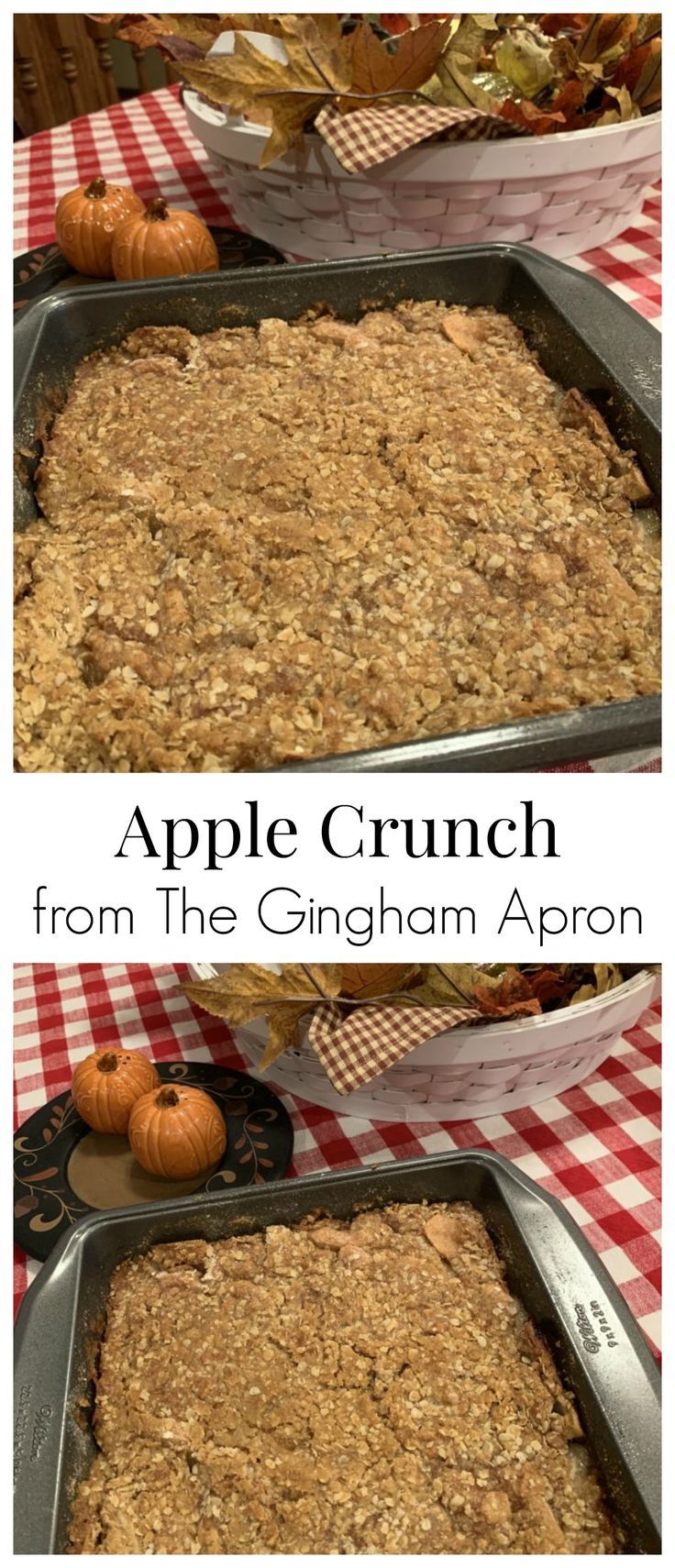 an apple crumbl from the gingham apron is ready to be baked