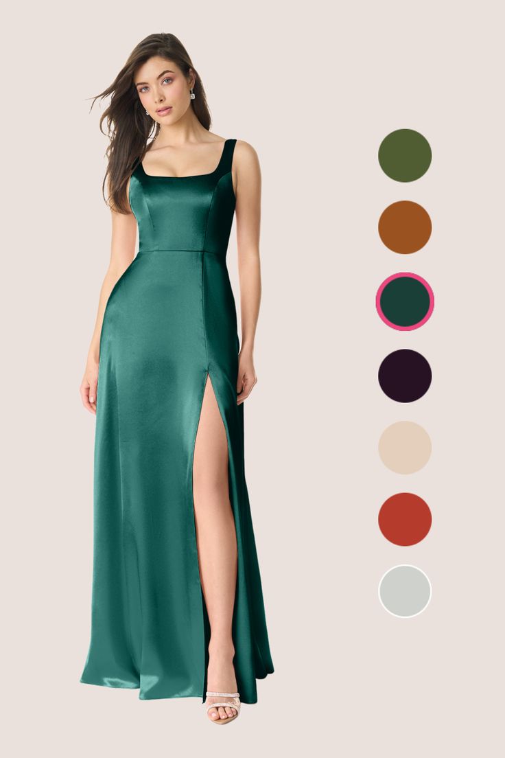 a woman wearing a long green dress with side slits and color swatches on the bottom