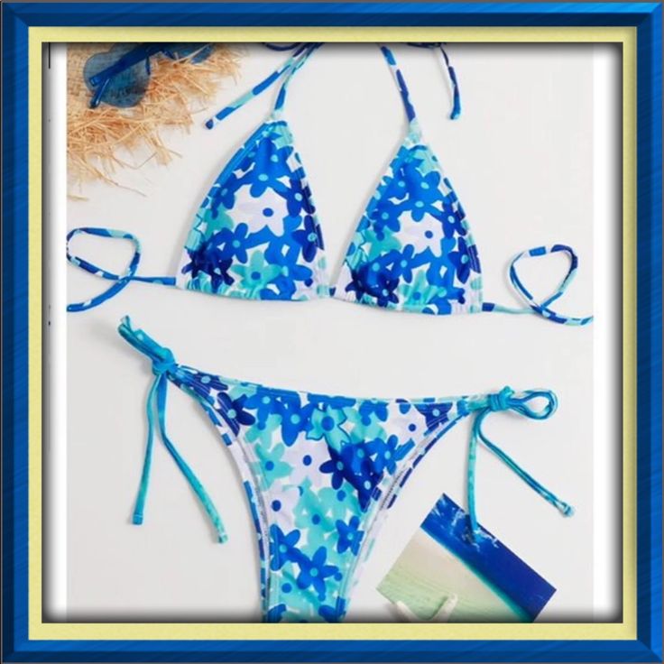 Super Cute Blue And White Floral Print Triangle Tie Side Swimsuit (Lined) Blue Swimwear For Pool In Spring, Blue Halter Neck Swimwear For Beach Party, Blue Swimwear For Spring Poolside, Blue Floral Print Swimwear For Beach Party, Spring Poolside Blue Swimwear, Blue Floral Print Swimwear, Blue Floral Print Swimwear For Pool, Blue Spring Vacation Swimwear, Blue Spring Beachwear Swimwear