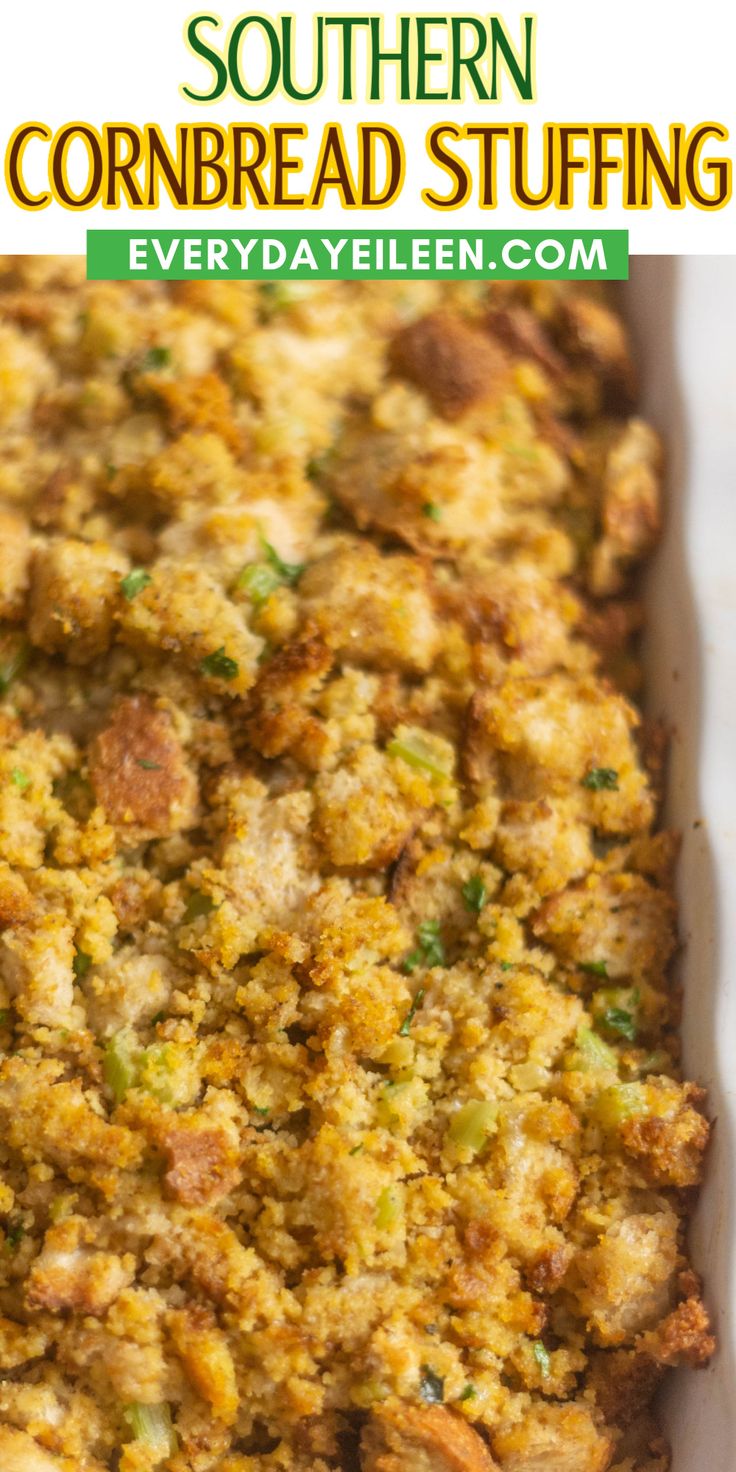 a casserole dish filled with cornbread stuffing