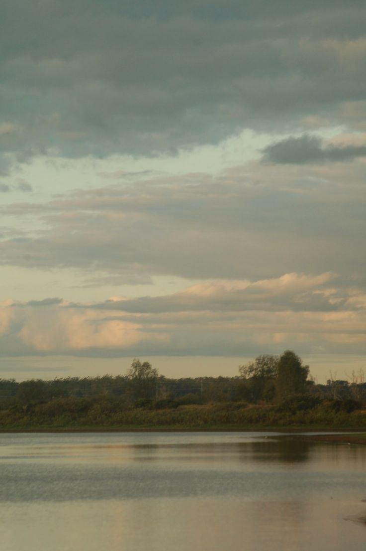 a large body of water with trees in the background and cloudy skies above it at sunset