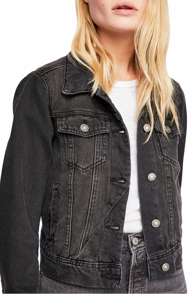 Perfectly cool and casual-chic, this dark-wash jean jacket is the overlay that every closet craves. 21" length (size Medium) Front button closure Spread collar Long sleeves Chest button-flap pockets; front welt pockets Button-tab hem 100% cotton Machine wash, tumble dry Imported Women's Clothing Style Black Denim Jacket, Black Jean Jacket Outfits, Black Jean Jacket, Thrift Finds, Black Denim Jacket, Dark Wash Jeans, Welt Pockets, Black Denim, Jean Jacket