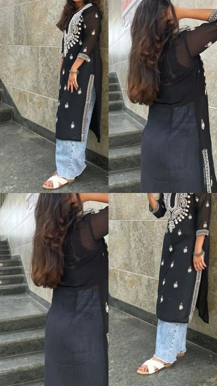 Chikankari kurti pairing with baggyy How To Style A Black Kurti, Chicken Kari Kurti Style, Chikan Kari Kurti With Jeans, Lakhnavi Kurti With Jeans, Black Chikankari Kurti With Jeans, Black Kurti With Jeans Outfit, Cargo With Kurti, Black Chikankari Kurta Aesthetic, Chicken Kurti With Jeans