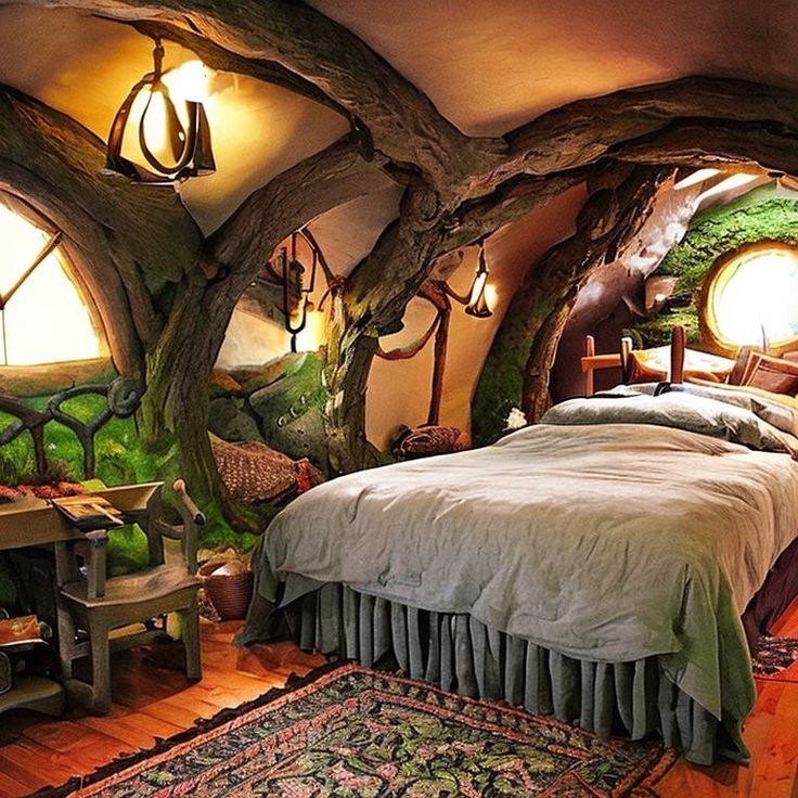 a bed in a room with trees growing out of the walls