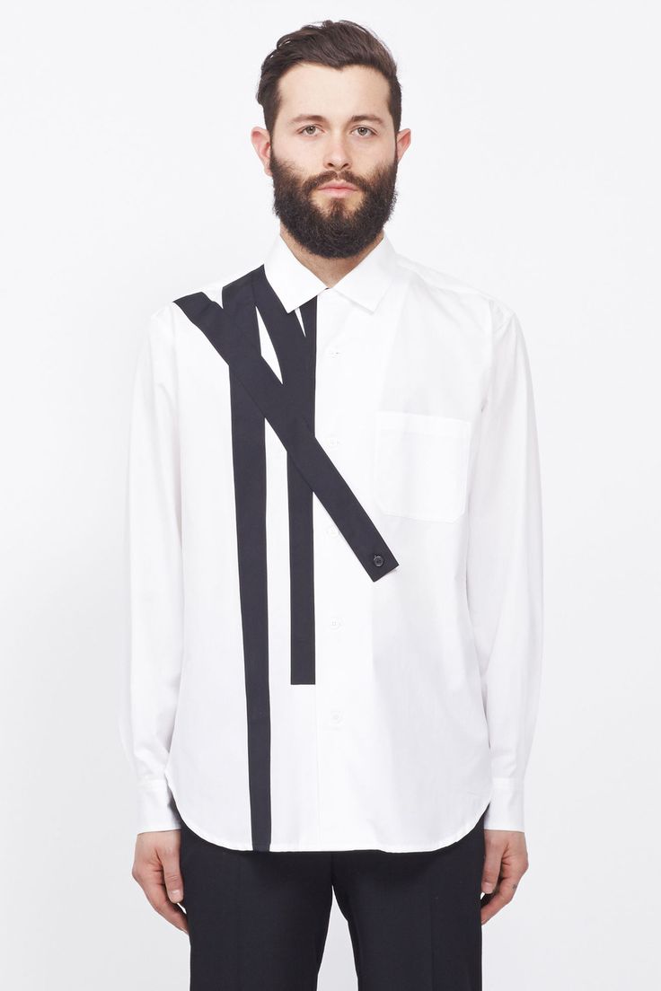 Yohji Yamamoto Linear Applique Shirt (White/black) Men Fashion 2020, Mens Fashion Wear, Mens Designer Shirts, African Clothing For Men, Applique Shirts, Men Street, Mens Trends, Men Fashion Casual Outfits, Men Shirt Style