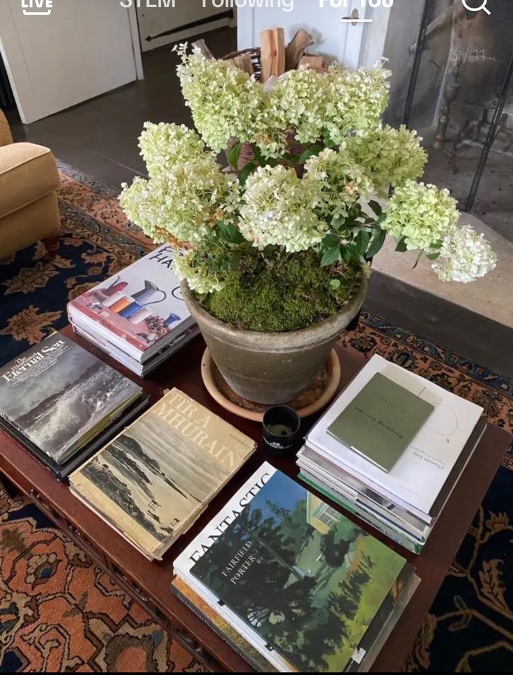 a table topped with books and flowers on top of a rug