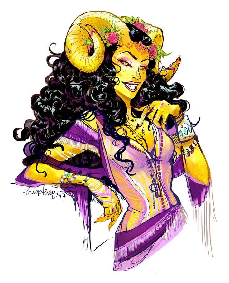 a drawing of a woman with long hair and horns on her head wearing a purple dress