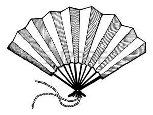 a drawing of a hand fan with string attached to the front and back ends, vintage line drawing or engraving illustration