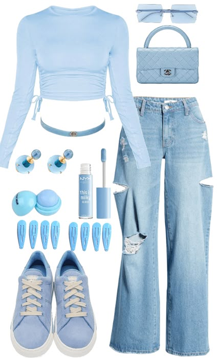 Blue Inspo Outfit, Haute Couture Outfits Casual, Cute Blue Outfits Aesthetic, Blue Inspired Outfits, Icy Blue Outfit, Y2k Blue Outfit, Blue Outfit Ideas Casual, Blue Outfits Aesthetic, Blue Fashion Outfits