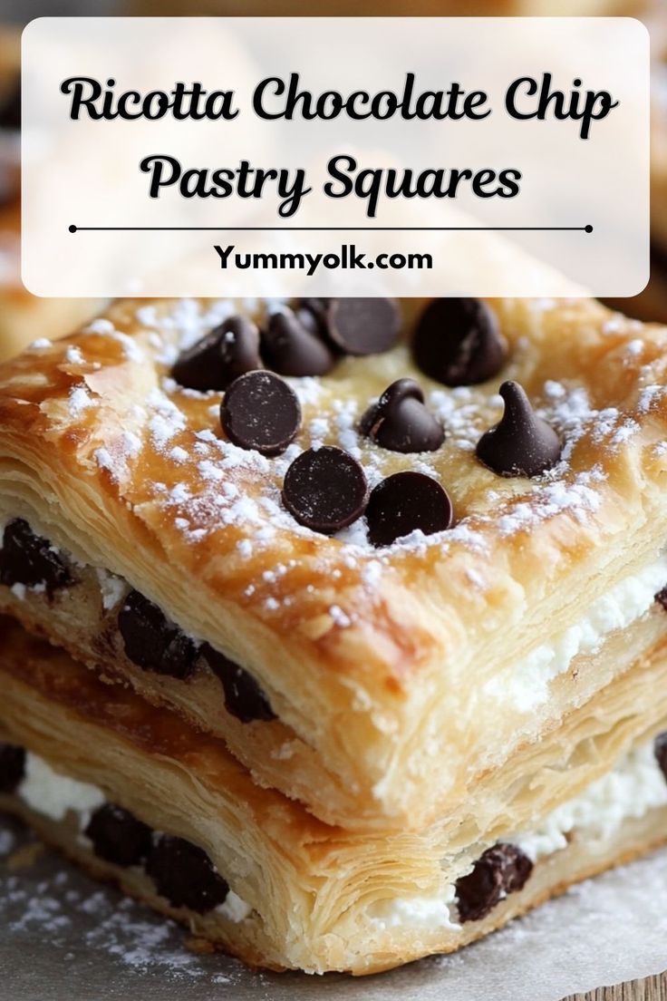 chocolate chip pastry squares stacked on top of each other with the words ricotta chocolate chip pastry squares