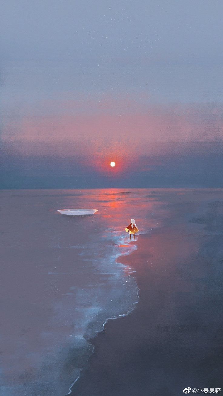 the sun is setting over the ocean with two boats in the water and one boat on the shore