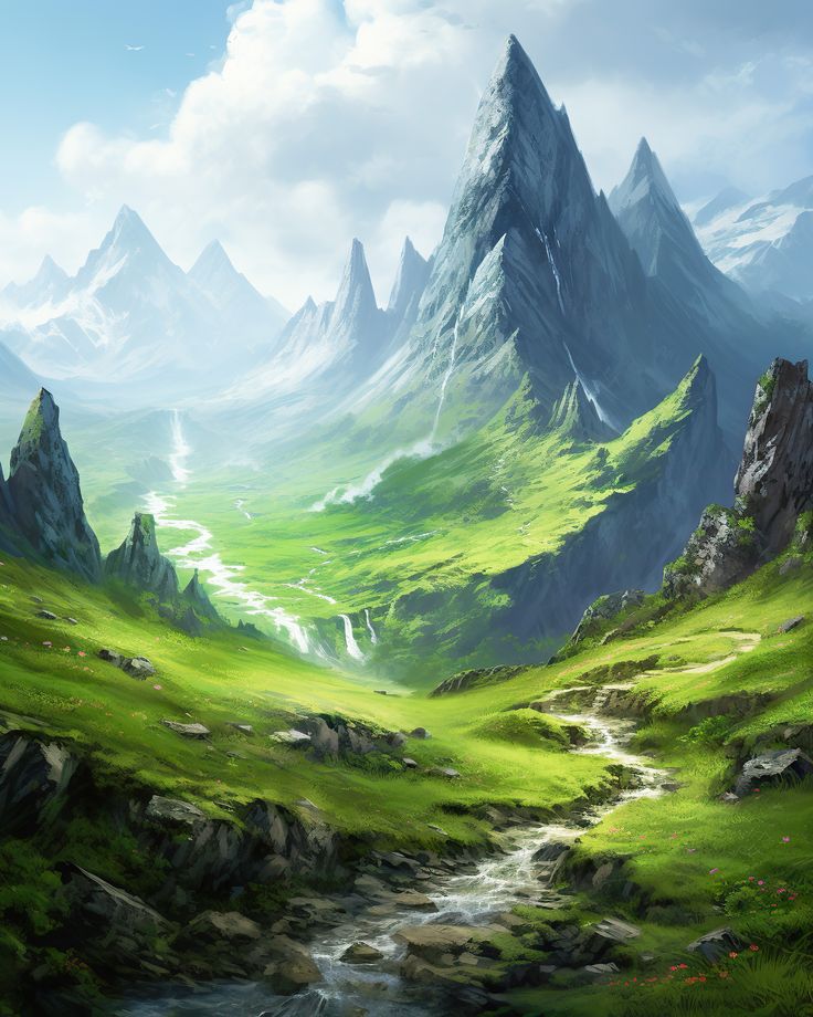 an artist's rendering of a mountain valley with stream in the foreground and green grass on both sides