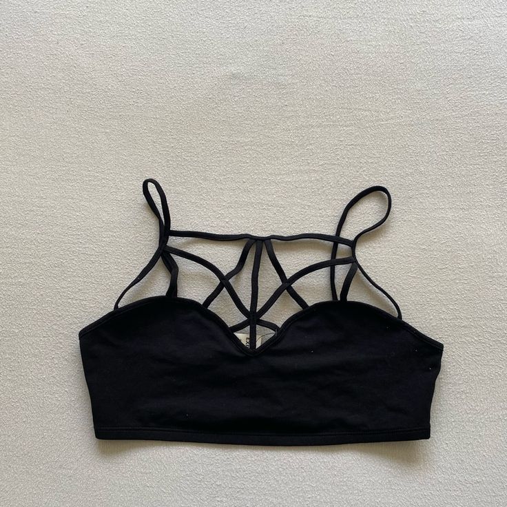 Brand New, Never Torn. Chest Has Criss Cross Pattern Black Cropped Fitted Bra, Black Fitted Cropped Bra, Fitted Cropped Black Bra, Black Bra For Club, Fitted Black Bra For Club, Summer Bra-friendly Black Crop Top, Black Strappy Fitted Bra, Black Fitted Strappy Bra, Spring Black Bra-friendly Crop Top