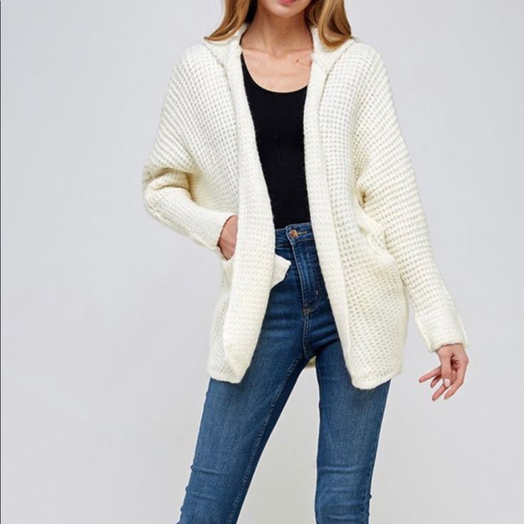 Cream Knit Cardigan With Hood Casual Soft Knit Winter White Outerwear, Winter White Knit Sweater Coat For Winter, Casual Knit Outerwear In Winter White, Casual Winter White Knit Outerwear, Chunky Knit Sweater Coat For Spring, Warm Knit Casual Cardigan, Winter Textured Knit One-size Cardigan, Cozy Knit Sweater Coat For Spring, Casual Knit Warm Cardigan