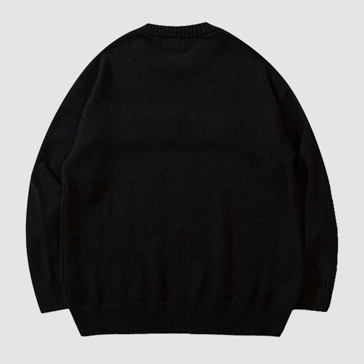 Features: Unisex Relaxed fit Round neck Knitted construction Ribbed sleeve cuffs and bottom hem Material: Acrylic Black Knit Sweatshirt With Ribbed Cuffs, Black Wool Sweatshirt With Ribbed Cuffs, Black Long Sleeve Sweater With Logo, Luxury Black Ribbed Sweater, Luxury Black Crew Neck Sweater, Costume Bags, Outwear Coat, Embroidery Sweater, Letter Embroidery