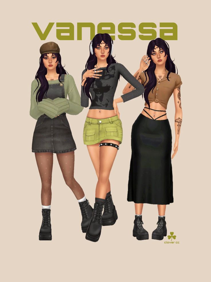 three young women standing next to each other wearing short skirts and boots, with the words vanessa on them