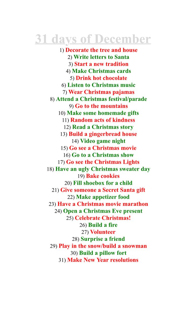 the christmas list is shown with red and green lettering on it, which reads 31 days of december