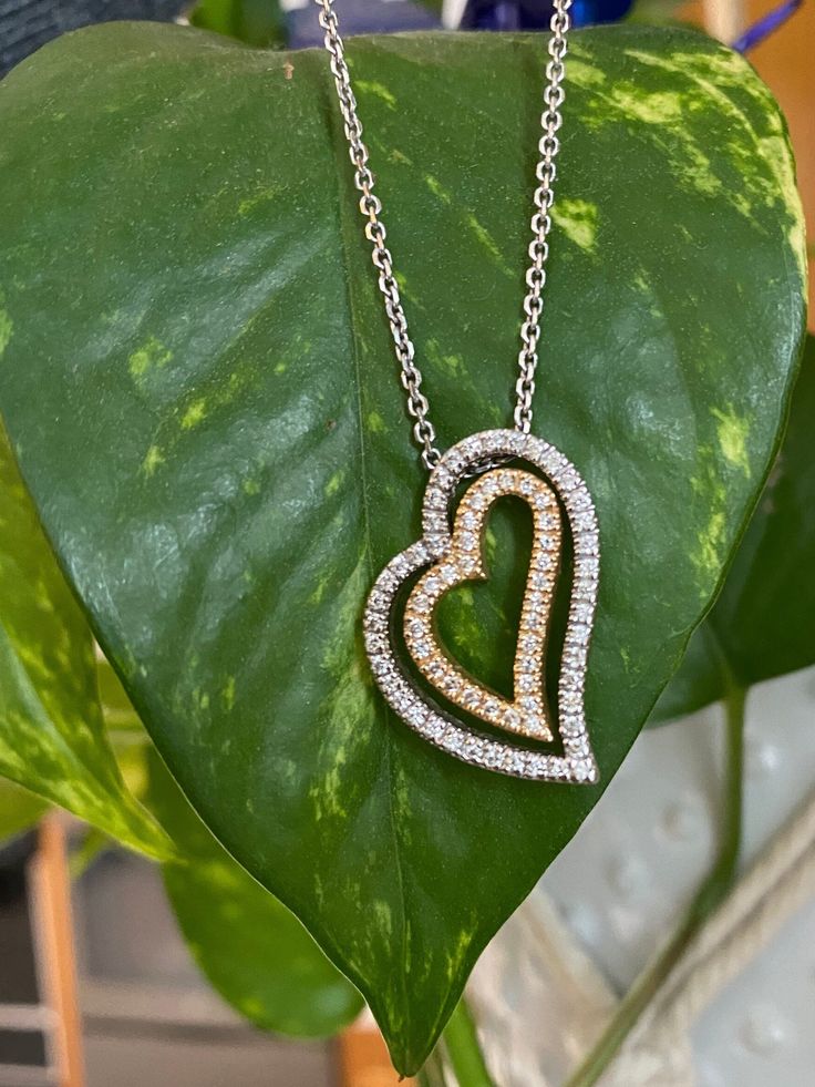 "Designer 14K White Gold DIAMOND Double Heart LARGE Pendant 20\" Necklace! Beautiful necklace with double heart pendant on an attached 20\" 14k white gold chain!  * Unique and very pretty! * Double heart pendants is white and yellow gold * Heart pendant measures approximately 1\" x 6/8\" * Approximately seventy (70) natural round cut diamonds! * 10.4 Grams. * Hallmarked 14k diamonds fully tested!   Shipped fast and FREE, fully insured in a gift box! I guarantee item to be exactly as described an Double Circle Necklace, Diamond Bar Necklace, Gold Heart Pendant, White Gold Chain, Gold G, Heart Pendants, Heart Pendant Gold, Gold Diamond Necklace, Diamond Bar