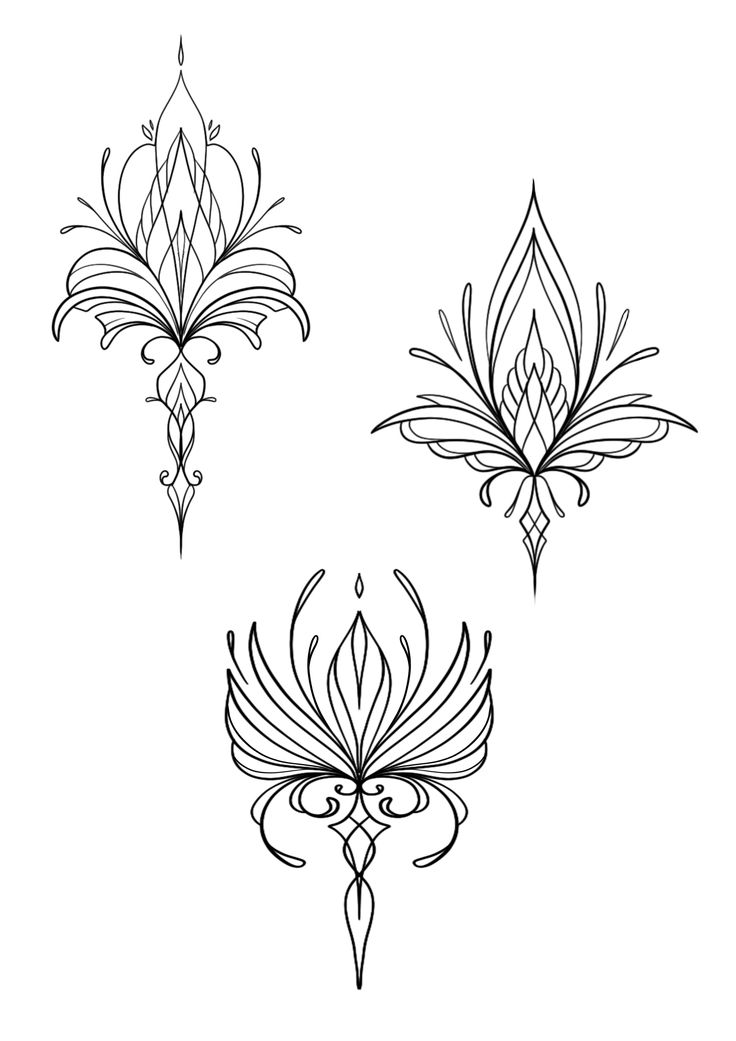 three flower designs in black and white, each with an intricate design on the petals