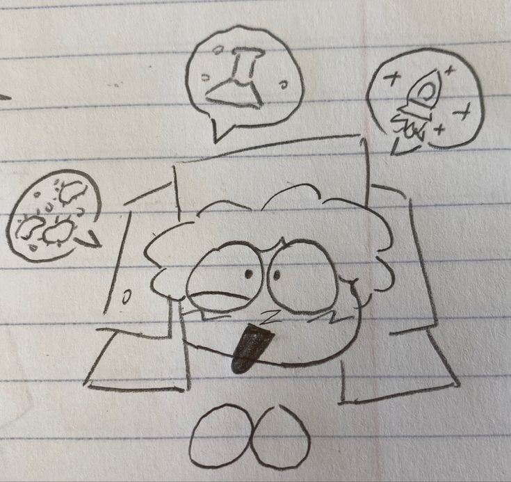 a drawing of a cartoon character on lined paper