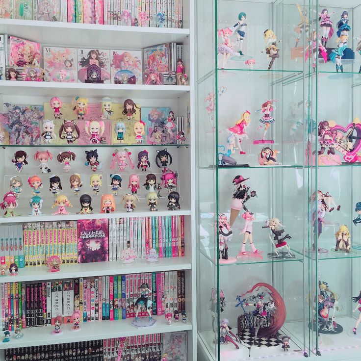 a display case filled with lots of anime figurines and dolls on top of shelves