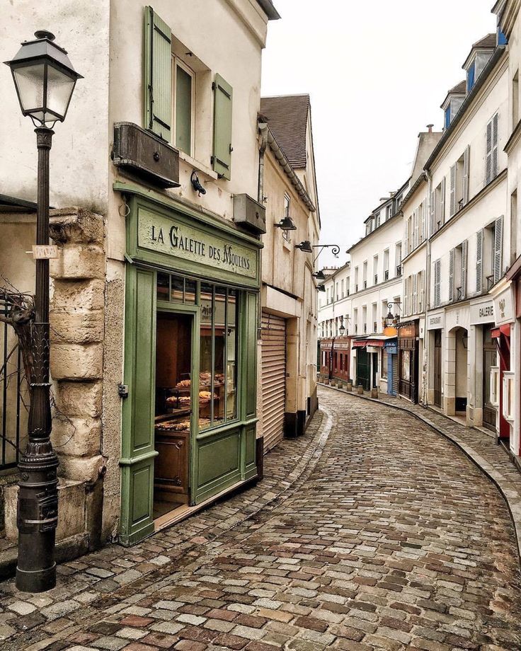 a cobblestone street lined with buildings and shops