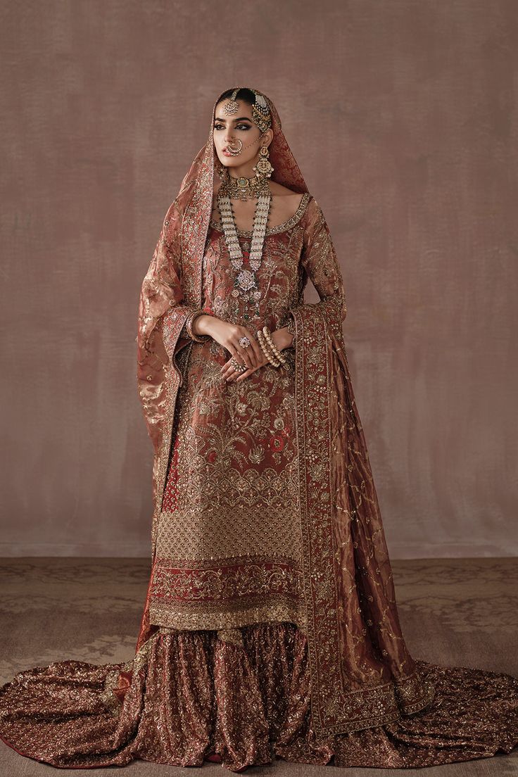 Royal Heavily Embellished Pakistani Bridal Dress Red Gold Farshi Gharara Bridal Dress Red, Red Gharara, Bridal Gharara, Tissue Dupatta, Pakistani Bridal Dress, Bridal Couture Week, Red Bridal Dress, Bridal Dupatta, Upscale Fashion