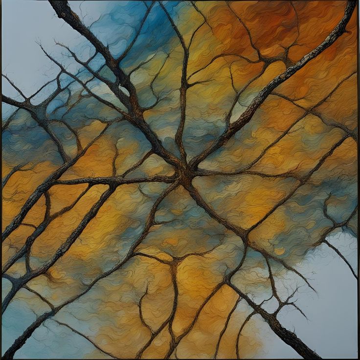 an abstract painting of tree branches with yellow and blue colors