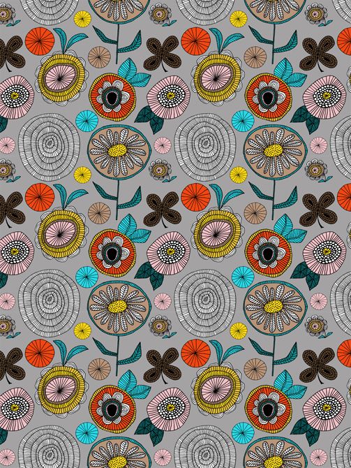 an abstract floral design with many colors and designs on grey background, suitable to use as wallpaper or fabric